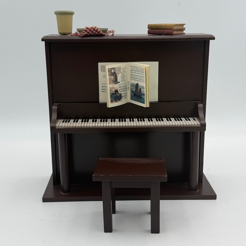 Miniature Wooden Upright Piano with Stool and Accessories 1:12 Scale Dollhouse